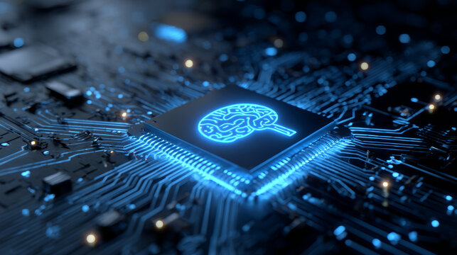 Glowing blue circuitry with a brain icon at center, emphasizing AI, machine learning, and crypto integration