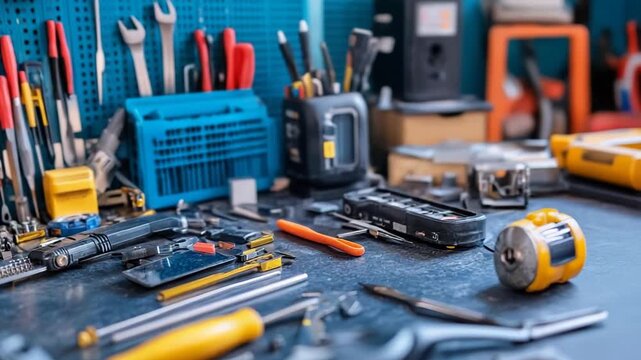 A detailed view of various tools organized in a workshop space.