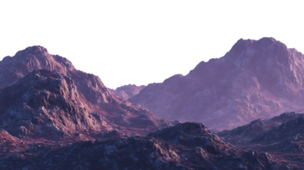 Rugged mountain range with jagged peaks in soft purple and pink twilight light isolated on transparent background