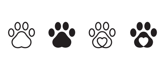 Paw Print Vector Icons with Heart Accents. Pet Logo Designs.