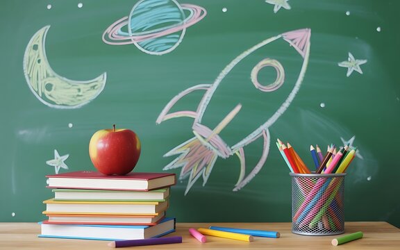 A stack of colorful books topped with a bright red apple sits on a wooden desk in front of a chalkboard with drawings of a rocket ship planets and stars