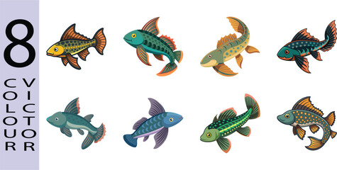 Eight Colorful Cartoon Fish Illustrations: Vibrant Vector Graphics for Kids' Designs