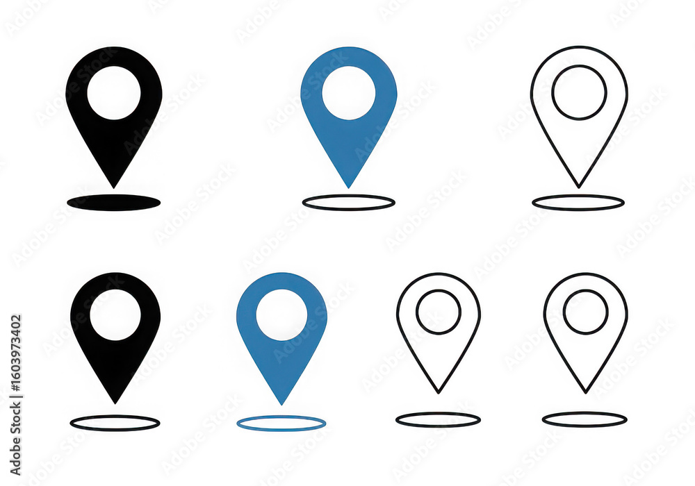 Poster various location pin icons in black blue and outline designs for mapping navigation and geographic a
