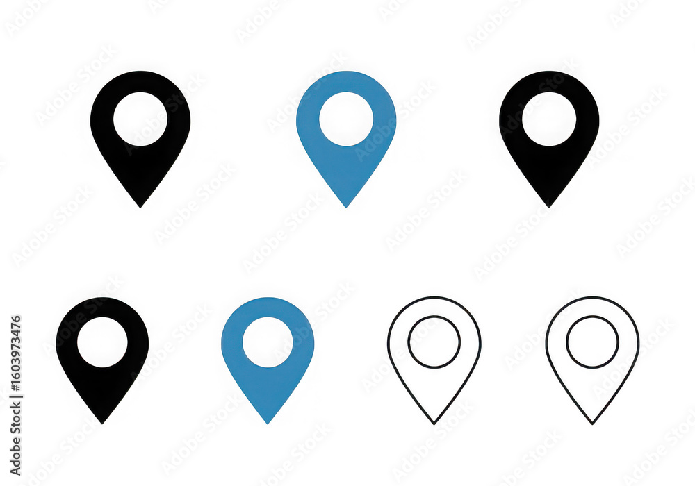 Poster diverse location pin icons in black blue and outline designs on a transparent background for mapping
