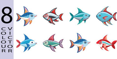 Eight Colorful Cartoon Fish; Vibrant Vector Illustration; Childrens Book, Educational Design