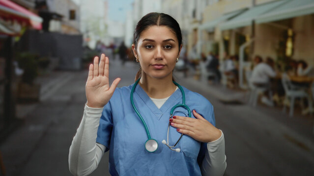Hispanic woman doctor in blue scrubs makes oath gesture with hand on heart and other raised, standing on a bustling street, embodying professionalism and trust outdoors.