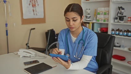 Woman doctor in blue scrubs using tablet in hospital office with medical equipment nearby, suggesting professional healthcare environment.