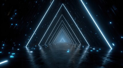 Naklejka premium Futuristic digital tunnel with glowing blue neon lights and reflective surfaces, creating an immersive atmosphere of depth and mystery in a high-tech environment