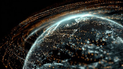 Abstract digital representation of a glowing globe with interconnected lines and luminous dots, illustrating global connectivity and technological advancement in a dark background