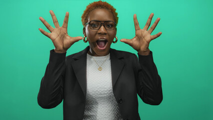 Black woman wearing glasses and blazer makes roaring claw hands gesture against a vibrant green...
