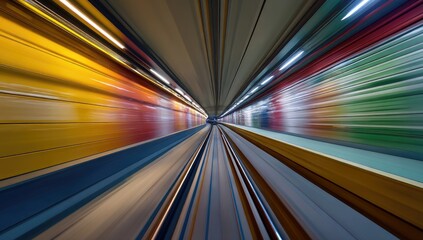 High-speed motion blur of light streaks in a tunnel with colorful walls.