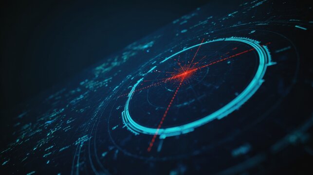 Futuristic digital interface with glowing blue circular patterns and red accents, showcasing advanced technology and data visualization in a dark environment, ideal for tech-related projects