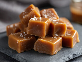 Artisan salted caramel cubes with coarse salt crystals on dark serving board