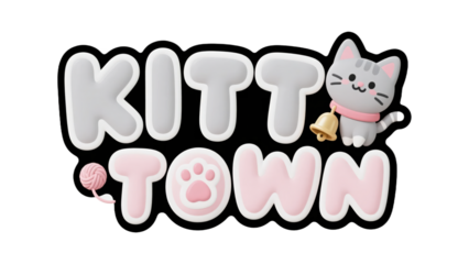 A sweet 3d logo for Kitty Town in soft grey and pink, featuring a cute cartoon cat with a bell and a paw print.