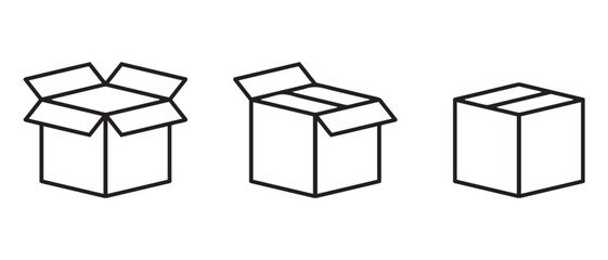 Cardboard Box Lifecycle Icon Set. Open, Partially Closed, and Fully Sealed Box Silhouettes for Packaging, Logistics, and E-Commerce Branding.