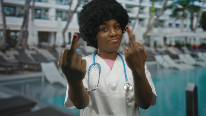 African american woman doctor wearing stethoscope flips middle finger by sunlit resort pool;...