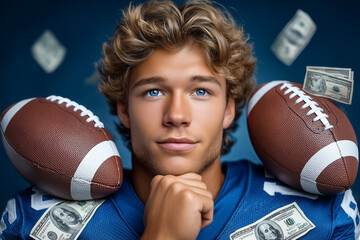 Young athlete looking at camera with a thoughtful expression. He holds footballs while dollar bills surround him, showcasing ambition and the pursuit of success