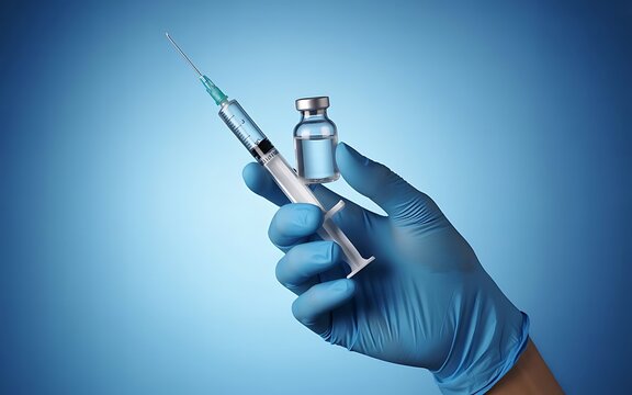 Close up of a gloved hand holding a medical syringe filled with clear liquid and a small glass vial containing vaccine against a blue background