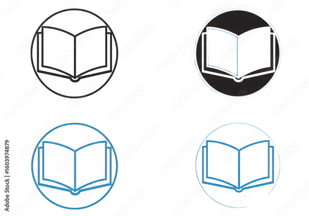 Aufkleber four book icons in varying styles each encased in a circle representing reading education and the pu