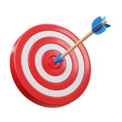 A red target with a blue arrow precisely hitting the bullseye, illustrating accuracy and focus. isolated on a transparent background, png, cutout