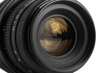 Closeup of a professional camera lens showcasing intricate design and highquality optics on a clean transparent background