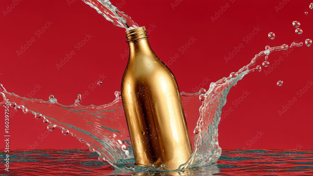 Poster Golden bottle splashing water against vibrant red background, creating dynamic motion and visual interest, showcasing refreshing beverage concept with droplets and waves of water in action