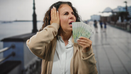 Middle-aged woman outdoors by the seaside in singapore holding singaporean dollars with an...