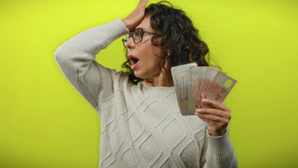 Woman holding singapore dollars in middle age over isolated yellow background expressing surprise...