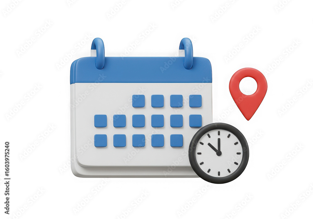 Poster 3d render of a calendar with clock and location pin representing time management and scheduling isol