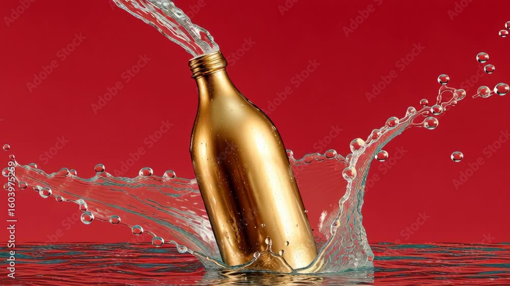 Poster golden bottle splashing into water, creating dynamic droplets and waves, against a vibrant red backg