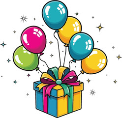 A vibrant gift box adorned with a colorful bow and cheerful balloons creates a festive and celebratory atmosphere, perfect for birthdays, parties, and special occasions.
