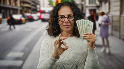 Woman in city street gestures okay with hand while holding us dollars, illustrating confidence and...