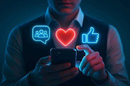 Liking post on smartphone with heart and thumbs up symbol showing digital engagement and positive social media interaction for content strategy
