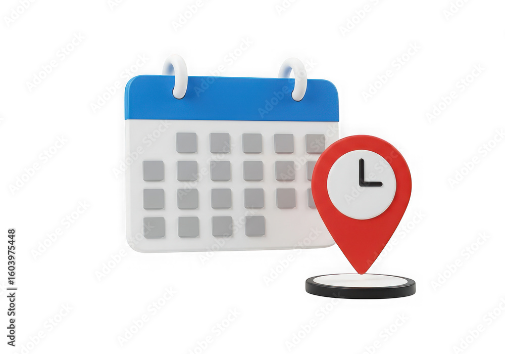 Poster a 3d calendar and location marker with a clock symbol for scheduling appointments and marking import