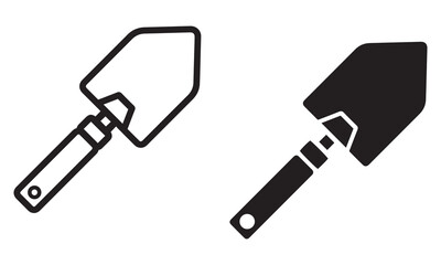 Garden Trowel Icon Set. Outline and Solid Silhouettes of Handheld Shovel for Agriculture, Landscaping, and Eco-Themed Design.