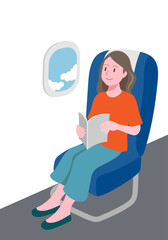 Vector illustration of young woman looking out airplane window