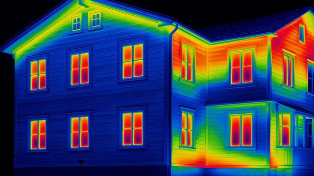 Energy audit of home. Thermal vdo of house heat loss through windows and walls showing insulation and energy efficiency with temperature variations