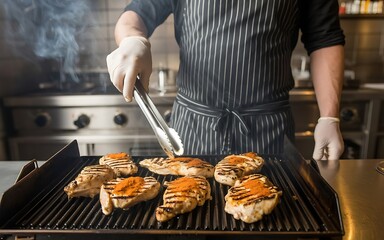 Professional chef wearing apron and gloves expertly grilling seasoned chicken breasts on a hot barbecue grill with steam rising