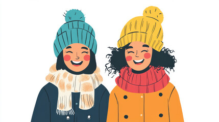 Two Smiling Girls in Knit Hats and Winter Scarves Cheerful Winter Illustration