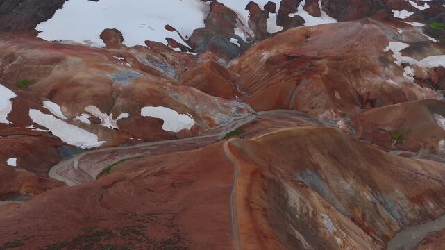 Aerial view of vibrant red, orange, and brown geothermal hills in Iceland, with a winding stream and patches of snow creating dynamic movement.