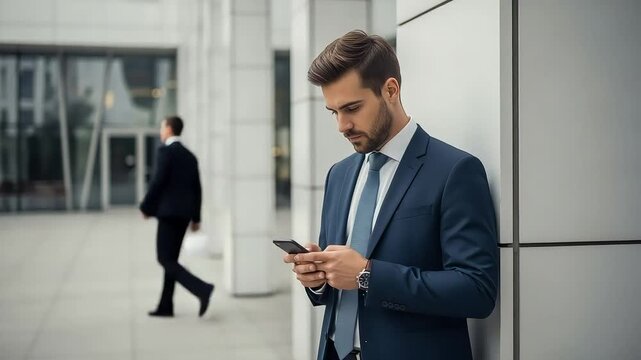 Businessman in Navy Suit Using Smartphone Leaning Against White Building Wall With Blurred Background