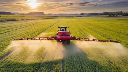 Efficient Agriculture: Aerial View of Tractor Spraying Fertilizer Over Lush Green Farmland at Sunset