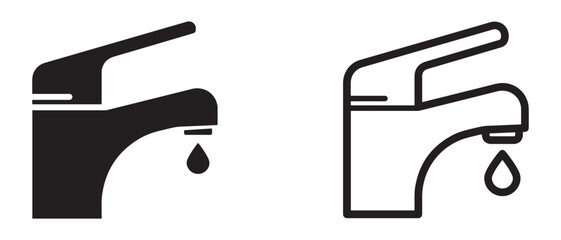 Faucet Icon Duo. Solid and Outline Tap Symbols with Water Drops for Plumbing, UI Design, and Eco Graphics.