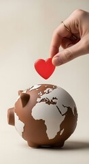 Hand Donates to Earth-Shaped Coin Bank