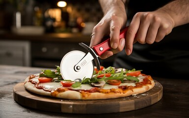 Close up of hands using a red pizza cutter to slice a delicious homemade pizza topped with fresh vegetables and cheese on a wooden board