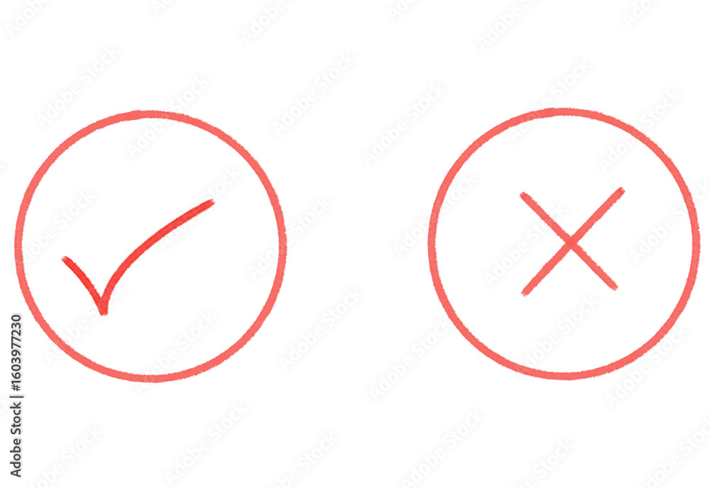 Poster red checkmark and cross in circle, validation graphic, approve and reject illustration on transparen