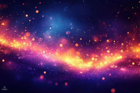 Flowing glitter particles create a wave of golden and purple light over dark gradient background, soft bokeh lights add elegant celebration mood, perfect for holiday visuals and design