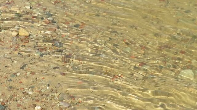 close uo of a river flowing over a stony sandy ground