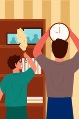 A heartwarming scene of a father and son bonding while tidying up the living room together.