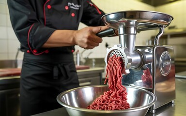 Professional chef in a black uniform using a powerful stainless steel meat grinder to process fresh raw ground beef into a metal bowl